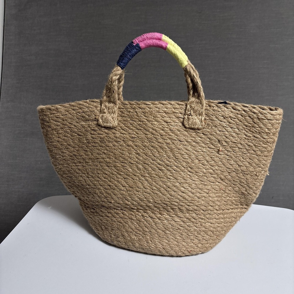 GAP Tote Bag Natural Jute Double Navy Straps Handle Beach Boho Summer Nautical - Picture 8 of 16